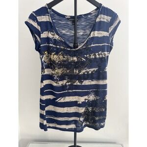 Rock & Republic Blue Abstract Striped V-Neck Top Size S Artsy Y2K